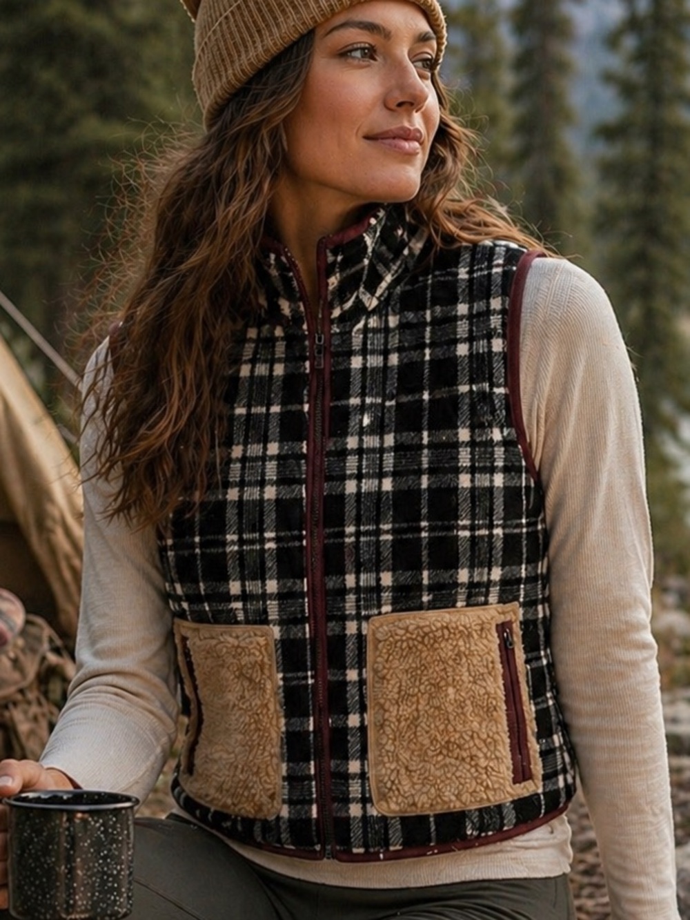 Eddie Bauer Reversible Sherpa Fleece Vest Plaid Tan Full Zip Cozy Outdoors